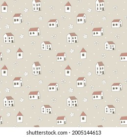 House Seamless Pattern. Childrens Cartoon Background. Cute Monochrome Print. Brown Pastel Palette. For Children's Fabrics, Textiles, T-shirts.