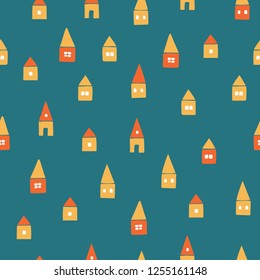 House seamless pattern on color background. Vector kids illustration. Childish texture. Design for fabric, wallpaper, textile and decor.