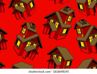 house seamless pattern, picture art and abstract, red background, textile fashion.