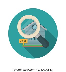 Häusliche Suche flach Symbol mit langem Schatten. Illustration von Immobilien. Vektorgrafik.