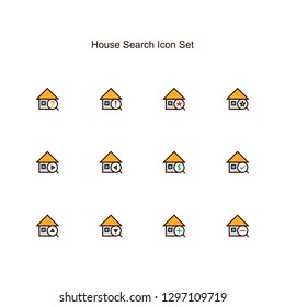 House search icon set design. home with magnifying glass illustration. simple clean colored symbol.