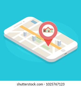 House search with phone app, isometric vector illustration, real estate concept.