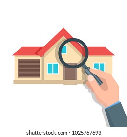 House search, test, vector illustration, real estate concept. Hand holding magnifying glass.