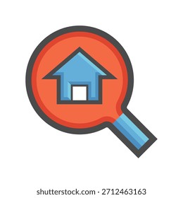 Icono de Vector de búsqueda de casa. Lupa sobre el símbolo de la casa, que representa los activos inmobiliarios que se escanean para su compra o inversión. Ideal para plataformas de búsqueda de propiedades, análisis del mercado inmobiliario.
