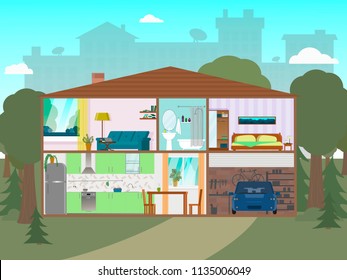 
The house is in a section. A detailed modern home interior. Rooms with furniture. Vector illustration.