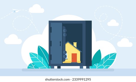 The house is securely hidden in a safe. House protection from thieves and burglary. Home security care with lock and alarm concept. Defense system for building control. Vector illustration.