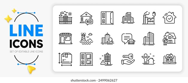 House security, Building warning and Hotel line icons set for app include Skyscraper buildings, Bid offer, Open door outline thin icon. Delivery man, Factory, Market pictogram icon. Vector