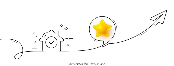 House security line icon. Continuous line with share plane. Smart home sign. Private protection symbol. 3d star in speech bubble. House security single line ribbon. Loop curve pattern. Vector