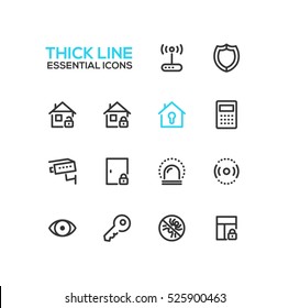 House Security - modern vector plain simple thick line design icons set. Shield, padlock, key, alarm system, camera, door, siren, protection