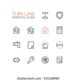 House Security - modern vector simple thin line design icons set. Shield, padlock, key, alarm system, camera, door, siren, protection