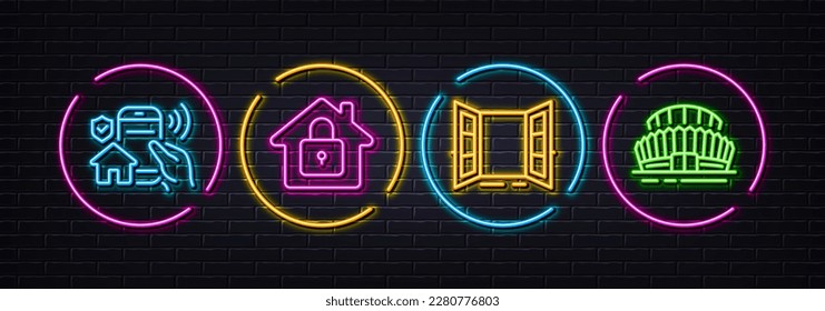 Seguridad de la casa, puertas abiertas y iconos mínimos de la línea de bloqueo. Luces 3d láser neón. Iconos del estadio deportivo. Para web, aplicación, impresión. Hogar inteligente, entrada, protección de la casa. Arena de campeonatos. Vector