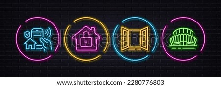 House security, Open door and Lock minimal line icons. Neon laser 3d lights. Sports stadium icons. For web, application, printing. Smart home, Entrance, House protection. Championship arena. Vector