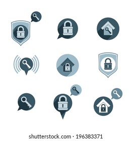 House security protection vector icons set, home, house, padlock and key, creative and unusual symbols collection.