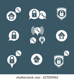 House security protection vector icons set, home, house, padlock and key, creative and unusual symbols collection.