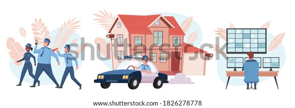 House security set of flat compositions with\
police officers car and house with video surveillance system vector\
illustration