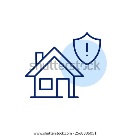 House and security shield with exclamation mark. Home insurance, maintenance alerts. Pixel perfect, editable stroke icon