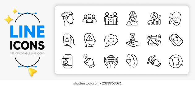 House security, Smile and Organic tested line icons set for app include Mental health, Heart, Mindfulness stress outline thin icon. Touchscreen gesture, Career ladder. Vector