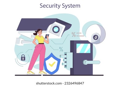 House security system. Apartment smart video surveillance. Artificial intelligence technologies. Smart house system Internet of things application. Flat vector illustration