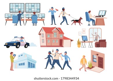 House security system icons set with police officers thieves and surveillance cameras flat isolated vector illustration