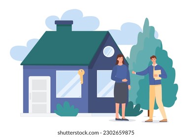 House selection concept. Man and woman make deal with private property and real estate. Client and realtor near big house. Investment and trading. Mortgage and rent. Cartoon flat vector illustration