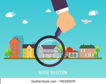 House selection. Magnifying glass with house. Concept for web banners, websites, infographics.