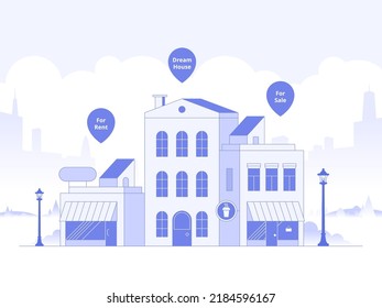 House selection and search, house project, real estate business concept. Find commercial real estate for your business. Choose criteria for office. Vector illustration