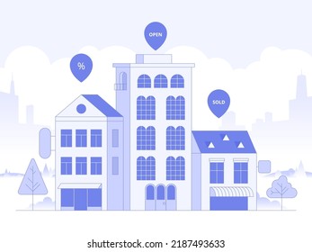 Selección y búsqueda de viviendas, proyecto de vivienda, concepto de negocio inmobiliario. Encuentre bienes raíces comerciales para su negocio. Elija los criterios para el cargo. Ilustración del vector