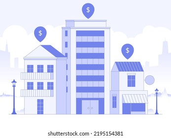 House selection and search, house project, real estate business concept. Find commercial real estate for your business. Choose criteria for office. Vector illustration