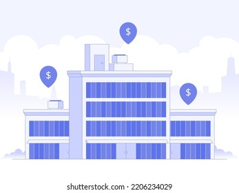 Selección y búsqueda de viviendas, proyecto de vivienda, concepto de negocio inmobiliario. Encuentre bienes raíces comerciales para su negocio. Elija los criterios para el cargo. Ilustración del vector