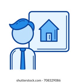 Ícone de linha vetorial de vendedor doméstico isolado no fundo branco. Ícone de linha de vendedor doméstico para infográfico, site ou aplicativo. Ícone azul projetado em um sistema de grade.