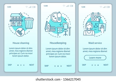 House service onboarding mobile app page screen, linear concepts. House cleanup. Maid service. Three walkthrough steps graphic instructions. Housekeeping. UX, UI, GUI vector template, illustrations