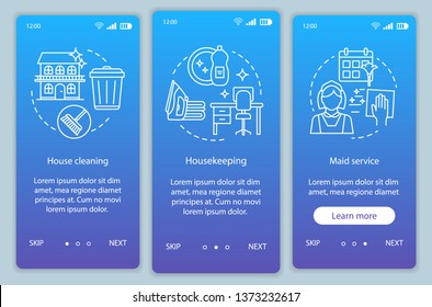 House service onboarding mobile app page screen vector template. House cleanup. Housekeeping. Walkthrough website steps, linear illustration. Maid service. UX, UI, GUI smartphone interface concept