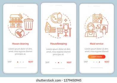 House service onboarding mobile app page screen, linear concepts. Maid service. Three walkthrough steps graphic instructions. House cleanup planning. UX, UI, GUI vector template with illustrations