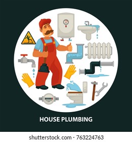 Afiche plano vectorial del servicio de la casa para equipo de reparación de alcantarillado y plomero de fugas de cocina o baño