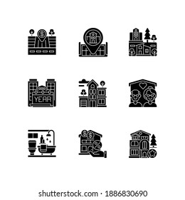 House services black glyph icons set on white space. Empty lot for sale. Home position on map. Nursing house for seniors. Year built of building. Silhouette symbols. Vector isolated illustration