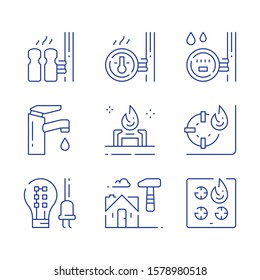 House services, electricity efficient light-bulb, water faucet, central heating, resources consumption meter, gas stove burner, home repair and maintenance, vector line icon set
