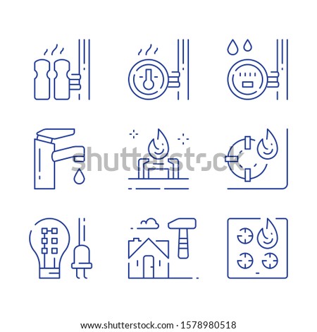 House services, electricity efficient light-bulb, water faucet, central heating, resources consumption meter, gas stove burner, home repair and maintenance, vector line icon set