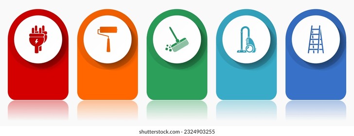 House services icon set, miscellaneous vector icons such as plug, paint roller, broom, vacuum cleaner and ladder, modern design infographic template, web buttons in 5 color options
