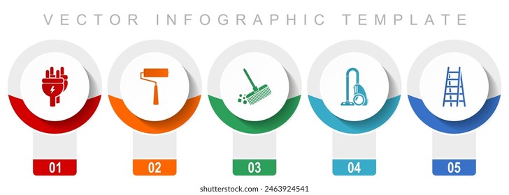 House services icon set, miscellaneous vector icons such as plug, paint roller, broom, vacuum cleaner and ladder, modern design infographic template, web buttons in 5 color options