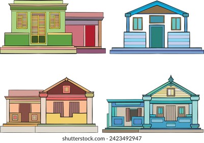House set. Collection of beach cottage, modern architecture. Vector illustration
