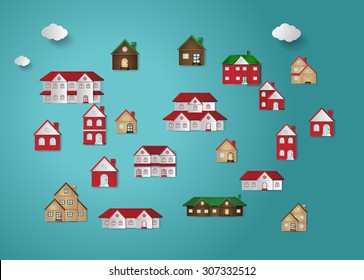 House Set Colorful Home Icon Collection. Paper Cut Style.