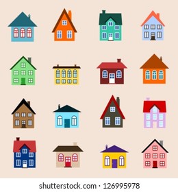 House set - colourful home icon collection. Illustration group. Private residential architecture.