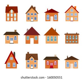 House set - colourful home icon collection (warm colors). Illustration group. Private residential architecture.