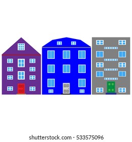House set - colourful multi-storey building. Purple, blue and gray houses