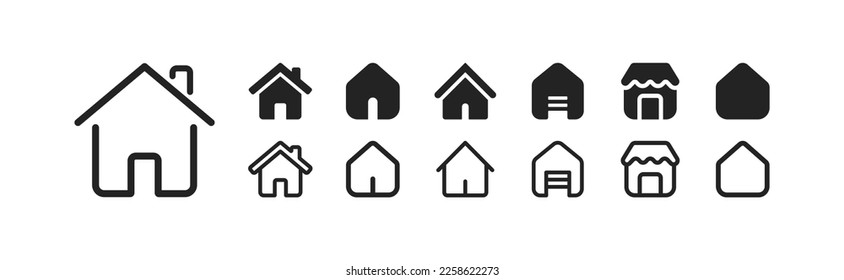 Satz linearer Symbole im Haus. Tasten, Zeiger, Homepage, Home-Bildschirm, Navigation, Betriebssystem, Icon-Thema, verschiedene Variationen. Steuerkonzept. Satz von schwarzen linearen Symbolen auf weißem Hintergrund