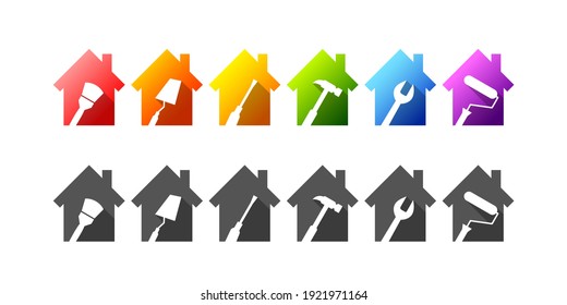 House set with tilted work tools as building or repair concept. Hammer, wrench, screwdriver, paint roller, paintbrush, trowel icons.