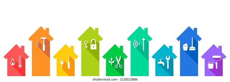 Conjunto de casas con íconos de herramientas de trabajo como construcción, industria de la construcción, mantenimiento, renovación, reparación, mejora de viviendas, desarrollo de bienes raíces y vivienda o concepto de administración de instalaciones