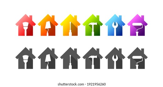 House set with work tools. Repair, renovation, building or construction industry concept. Home set in colorful gradient or gray colors with tool icons isolated on white background.