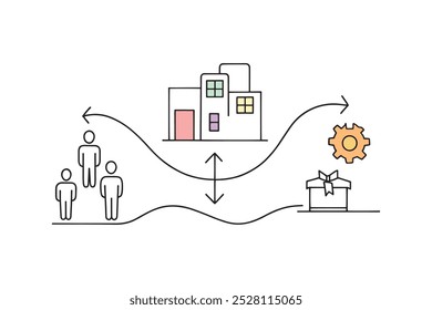 House with several people gathered around a gift, symbolizing celebration and togetherness Line art doodle illustration on white background
