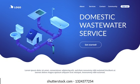 House sewage system with pipes, sink, bath and toilet. Sewerage system, domestic wastewater service, sewer system technologies concept. Isometric 3D website app landing web page template